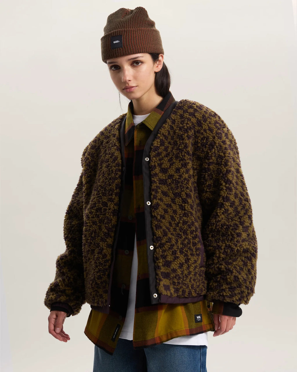 VANS Suffolk Cheetah Check Pile Coat Dark Port Kabát VN000Q53EMS1 - 3